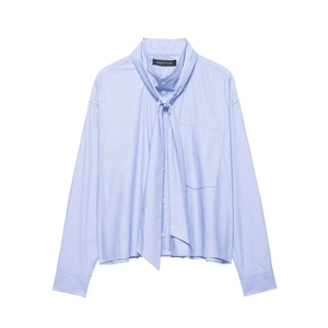 Elegant light blue long sleeve women's shirt with bow-knot neckline and front pocket