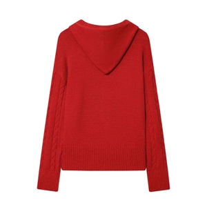 Rear view of red hooded knit sweater featuring cable knit patterns and ribbed cuffs
