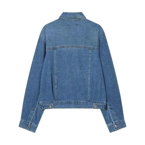 Classic mid-blue wash denim jacket with standard collar and adjustable hem buttons