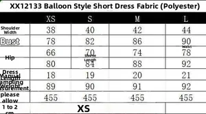 Tableau des tailles pour mini-robe style ballon en polyester avec mesures précises