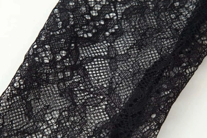 Detailed macro view of black floral lace fabric with intricate mesh patterns for summer dresses