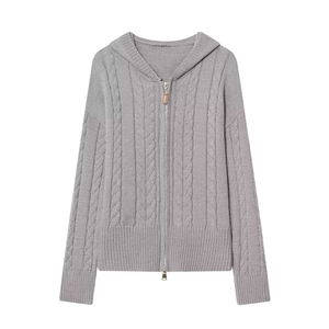 Gray cable-knit hoodie cardigan with double metal zippers and ribbed cuffs in minimalist style