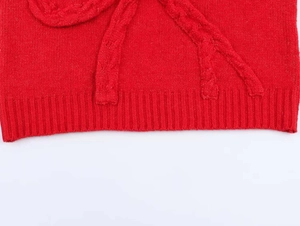 Vue détaillée d'un pull en maille rouge avec motifs torsadés et ourlet côtelé
