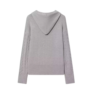 Detail view showing light grey knit hoodie back with elegant cable knit sleeve patterns