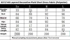 Detailed size chart for layered plaid mini dress showing XS-L measurements in centimeters