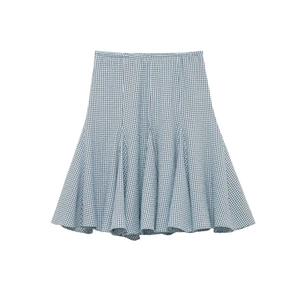 Women Summer Fashion Irregular Plaid Skirt Casual High Waist Gingham Seersucker A-Line Mini Skirt Blue Brown Plaid Skirt