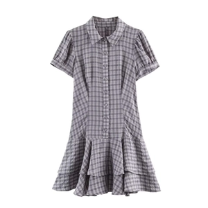 Women Elegant Plaid Mini Dress Short Puff Sleeve Lapel Collar Tiered Ruffle Hem Button Front Shirt Dress Summer Fashion