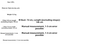 Size chart for lace satin backless dress showing measurements for S, M, and L sizes