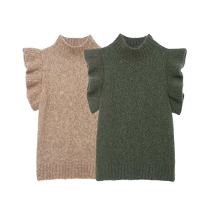 Women Fashion Knit Vest Mock Neck Ruffle Sleeve Tank Top Elegant Solid Color Slim Fit Sleeveless Knitted Sweater Top