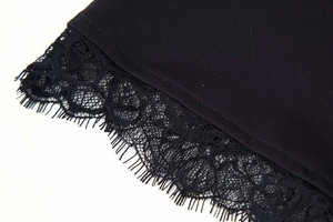 Detailed view of black lace trim featuring delicate floral patterns and eyelash edges
