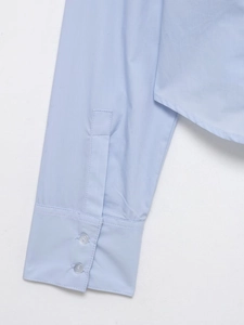 Detail of light blue poplin shirt sleeve showing neat double button cuffs and smooth texture