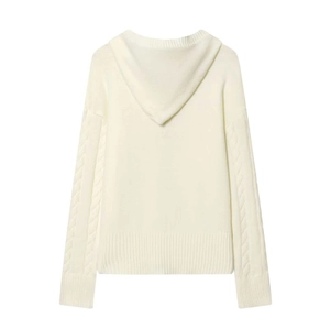 Detail view of cream cable-knit hoodie with textured sleeves and ribbed hem from behind