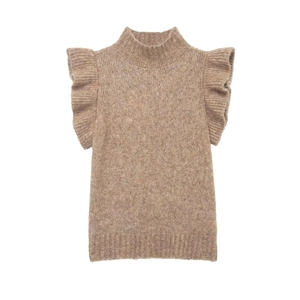 Women's ruffle-sleeved knit vest in khaki with wool blend and high neckline design