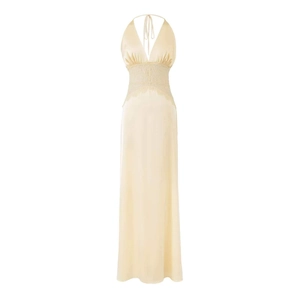Elegant champagne satin maxi dress with halter V-neck and lace patchwork details
