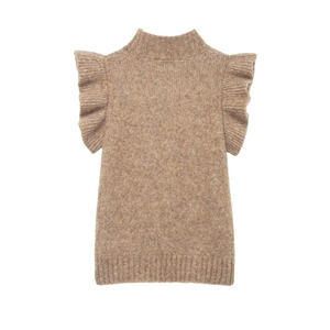 Mock neck knit top in camel brown with elegant layered ruffle sleeves and ribbed edges