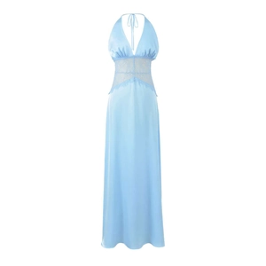 Elegant light blue satin halter maxi dress with deep V-neck and lace patchwork details
