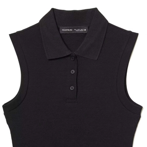 Slim fit black sleeveless knit polo top with classic collar and button placket detail
