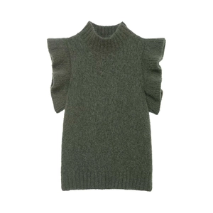 Elegant forest green mock neck knit top with stylish ruffle sleeves and mohair texture