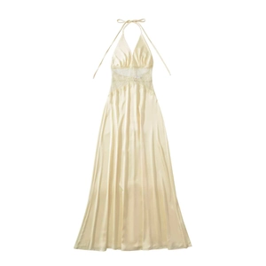 Elegant backless halter satin maxi dress with V-neckline and delicate lace patchwork