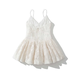 Summer white V-neck textured backless strap dress with floral embroidery and bow