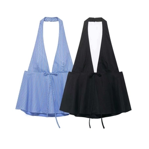Women Halter Neck Top Deep V-Neck Bow Tie Backless Peplum Hem Sexy Sweet Sleeveless Polyester Striped Solid Fashion