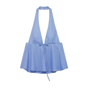 Blue and white striped halter neck top with bow tie and flared hem for summer