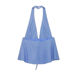 Blue and white striped halter neck backless top with button closure and flared hemline