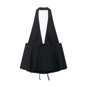 Sexy black halter neck crop top with deep V-neckline and bow tie detail on white background