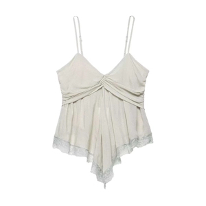 Women's V-neck camisole top with lace trim and ruched details in light grey fabric