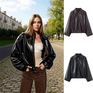 Women's Matte Texture Faux Leather Jacket Loose Lapel Bomber Jacket Casual Zipper Long Sleeve Autumn Winter Outwear Coat