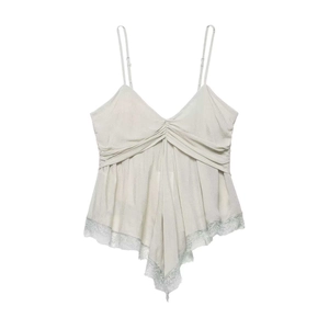 Light gray V-neck camisole with ruched chest detail and irregular lace trim hem