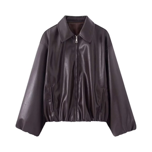 Deep brown matte faux leather jacket with zip closure and elastic waist for women