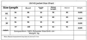 Detailed size chart for polyester blazer with faux fur cuffs in sizes XS to L