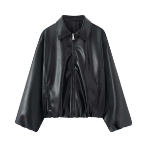 Women's black matte leather jacket with oversized loose fit and zip-up front closure
