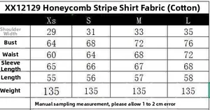 Detailed size chart for the honeycomb striped poplin shirt in sizes XS to L
