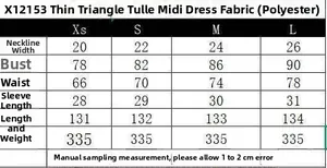 Size chart for the mesh triangle midi dress including XS to L measurements and fabric info