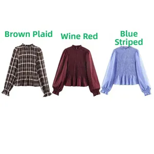 Detailed comparison of smocked blouses in brown plaid, wine red, and blue stripes