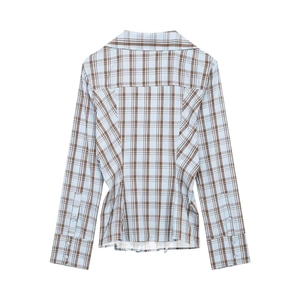 Minimalist long sleeve plaid shirt in blue and brown checkered pattern back view