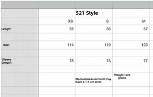 Size chart for women knit puffer jacket showing length, chest, and sleeve measurements