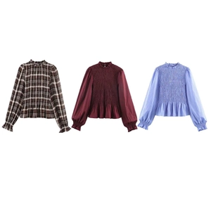 Women Smocked Ruffle Mock Neck Long Sleeve Blouse Vintage Lantern Sleeve Peplum Top Plaid Striped Elegant Commuter Shirt