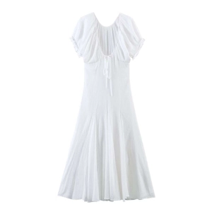White pleated midi dress with short sleeves and open back drawstring detailing