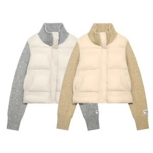 Women's Knit Stitching Quilted Jacket Stand Collar Colorblock Warm Winter Puffer Coat Casual Long Sleeve Cotton Padded Outwear