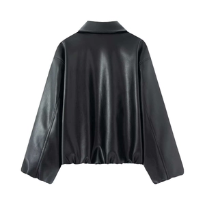 Back view of black faux leather loose jacket with matte finish and elastic hem detail