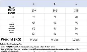 Detailed size chart for brown knitted cardigan with measurements in CM for S, M, and L