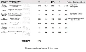 Detailed size chart for pink striped polyester shirt with washing instructions and dimensions