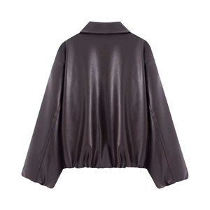 Back view of a loose dark brown leather jacket with elastic hem and drop shoulder design
