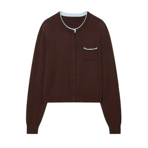 Women Casual Knit Cardigan Round Neck Single Breasted Sweater With Contrast Trim Pocket Solid Color Long Sleeve Outwear