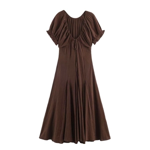 Deep brown short puff sleeve midi dress with open back and lace-up ties for women