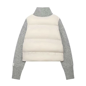 Women's quilted knit hybrid jacket with padded body and grey ribbed knit sleeves