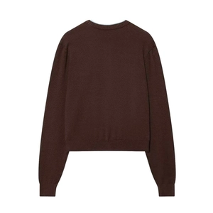 Classic deep brown knit cardigan for women featuring a minimalist round neck and ribbed trim
